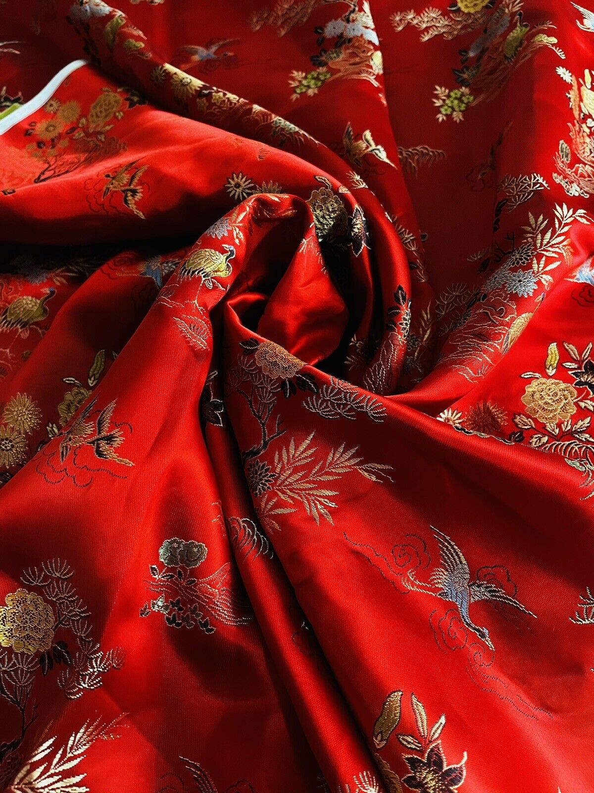 Vintage 6 Yards X 30” Chinese Red Silk Satin Jacquard Fabric Apparel Weight