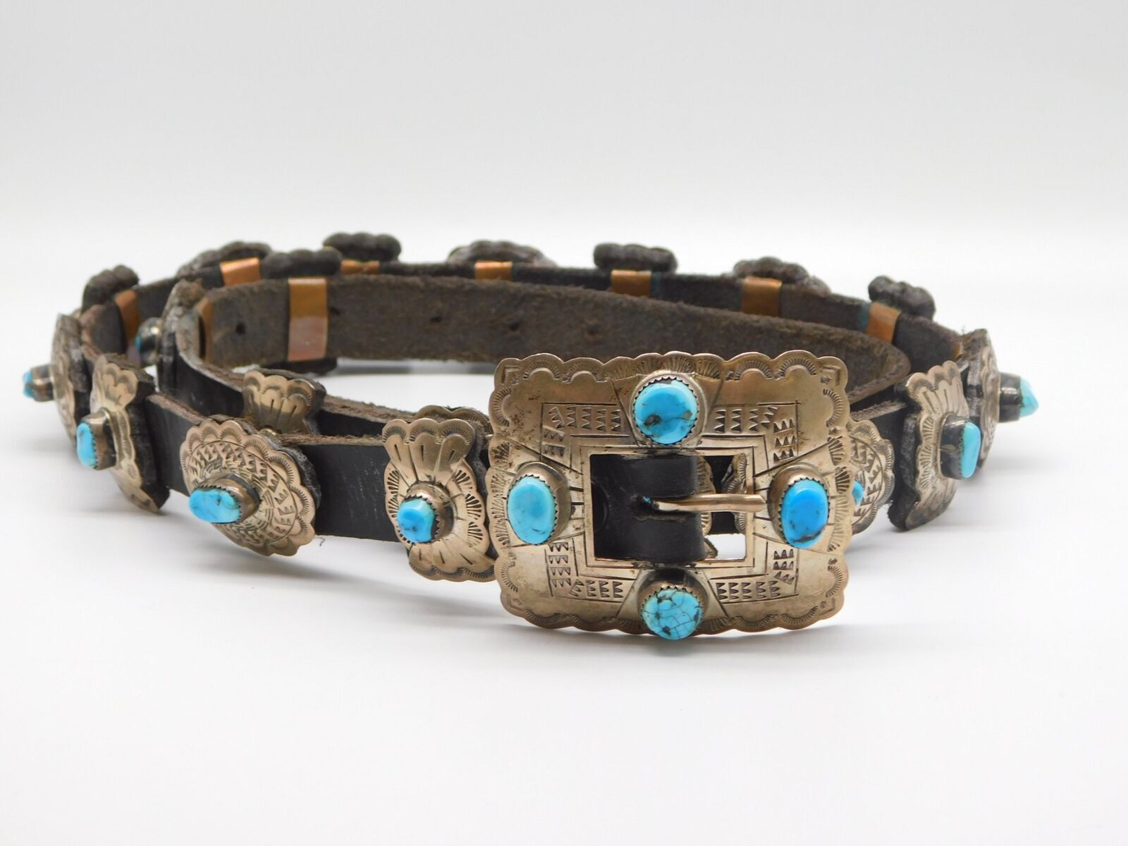NATIVE AMERICAN NAVAJO INDIAN M MC CRAY STERLING SILVER TURQUOISE CONCHO BELT