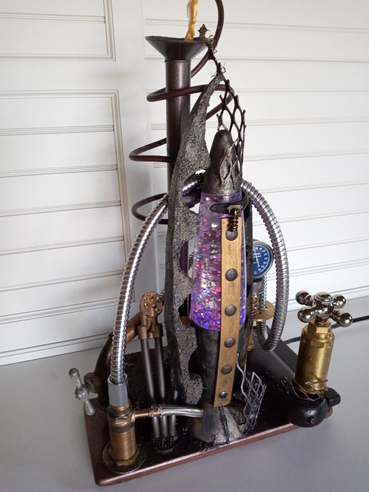 Steampunk Steam Lamp W/Cast Iron, Wood, LED Lighted Liquid Filled Tube & More
