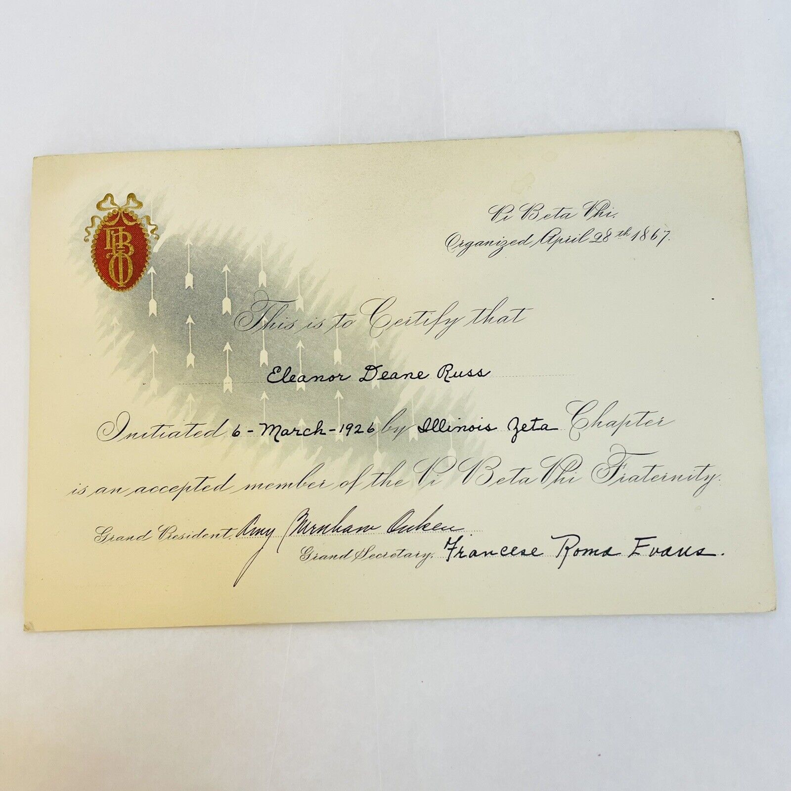 Antique Pi Beta Phi Sorority Illinois Zeta Chapter Initiation Certificate 1926