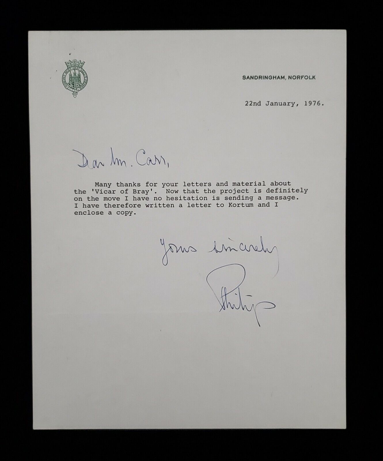 Rare 1976 British Royalty Prince Philip Duke of Edinburgh Signed Letter Document