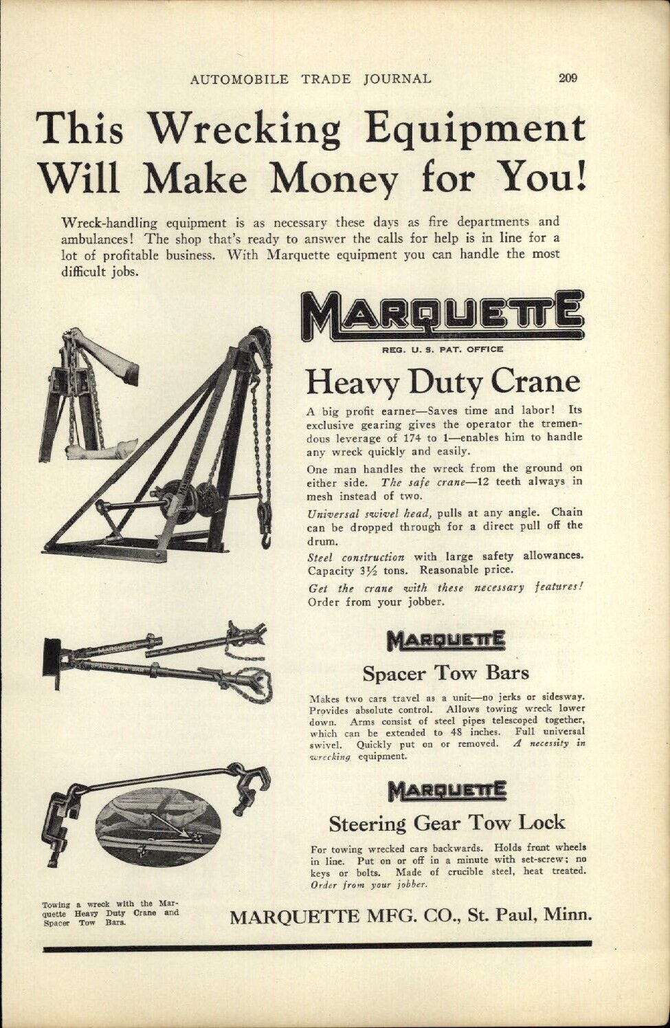 1926 PAPER AD CAR AUTO Marquette Heavy Duty Crane Tow Wrecker Truck 
