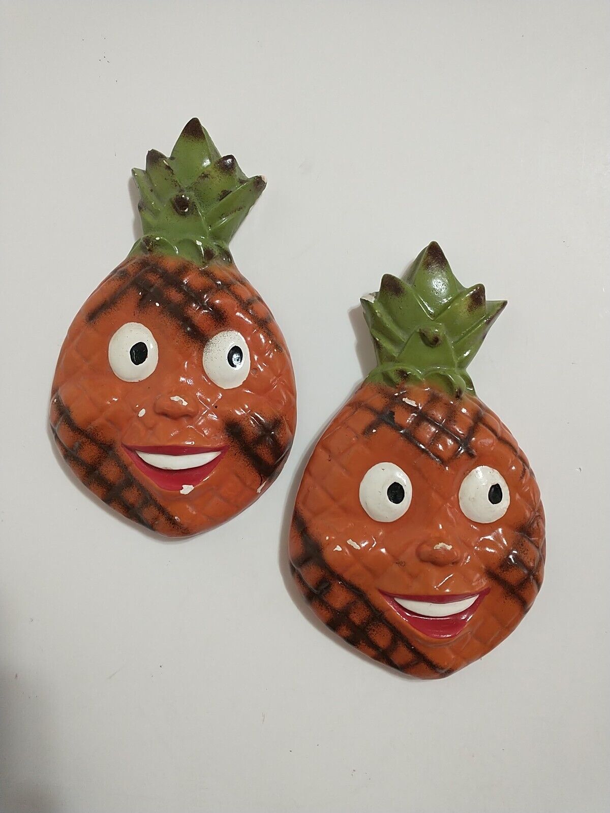 Vintage Anthropomorphic Fruit Faces Chalkware Pineapple Wall Hanging Plaques