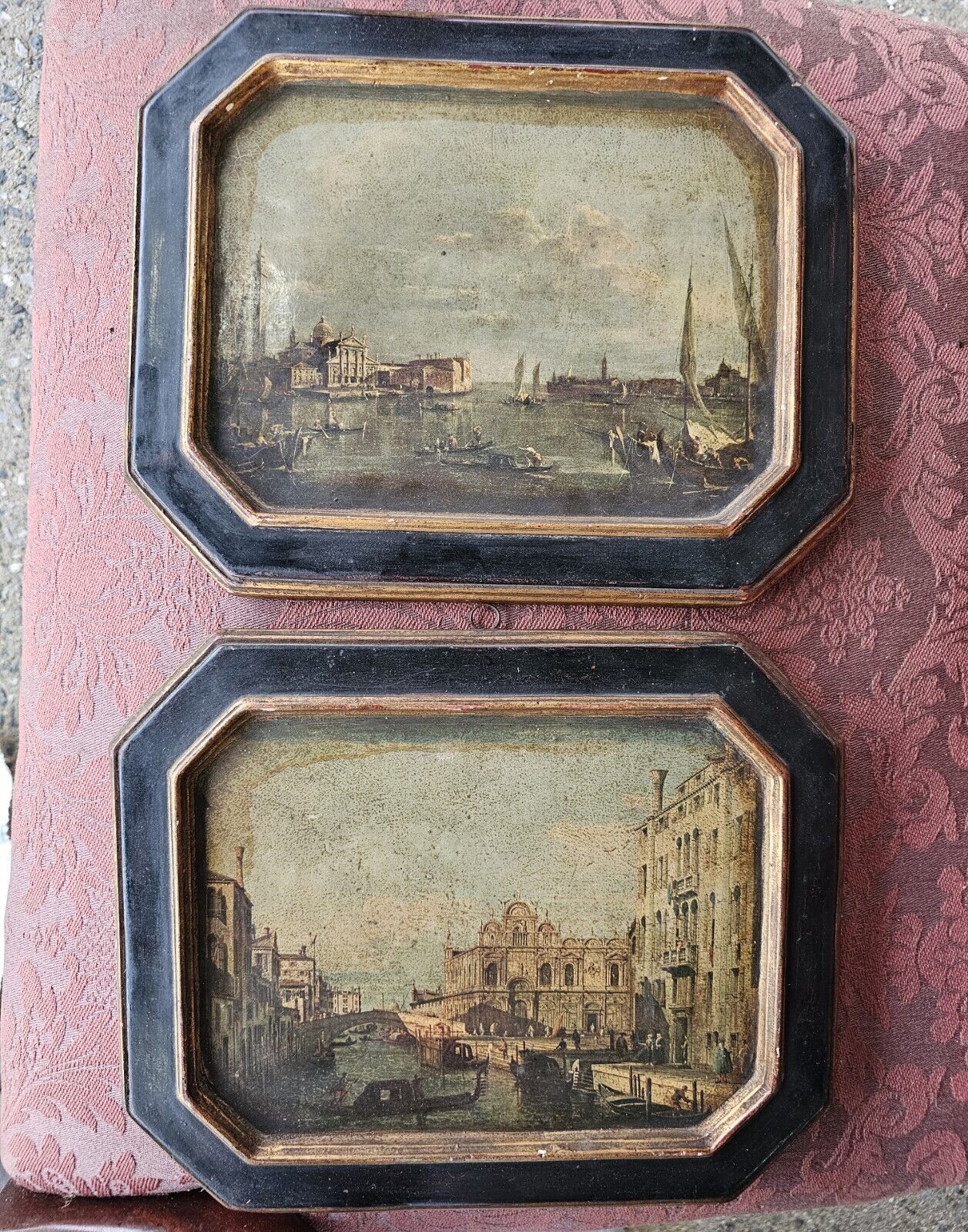 (2) Vintage Italian Borghese Chalkware Framed Painting Landscapes 