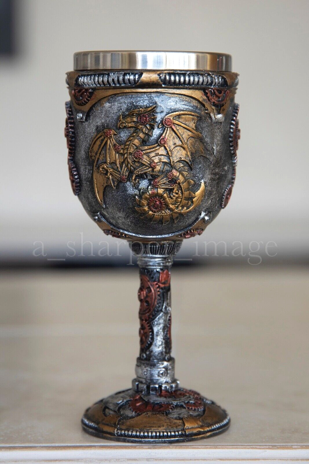 Steampunk Dragon Wine Goblet Chalice Hand-Painted Metal & Stone Finish Superb