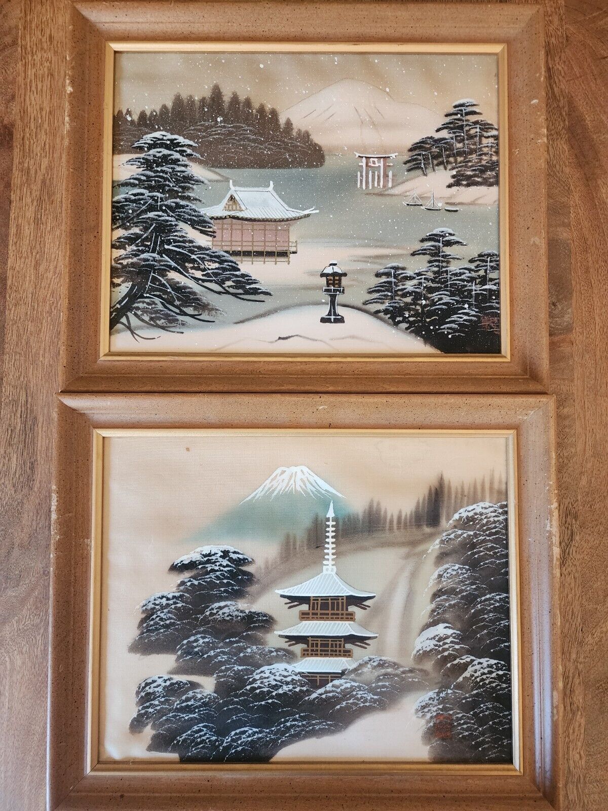 RARE Silk Japanese Painting Snow Landscape Volcano Ship Treeline Framed Art