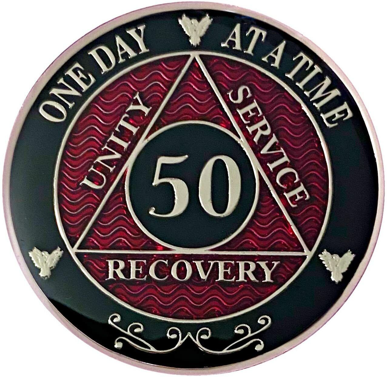AA 50 Year Coin Red, Silver Color Plated Medallion, Alcoholics Anonymous Coin
