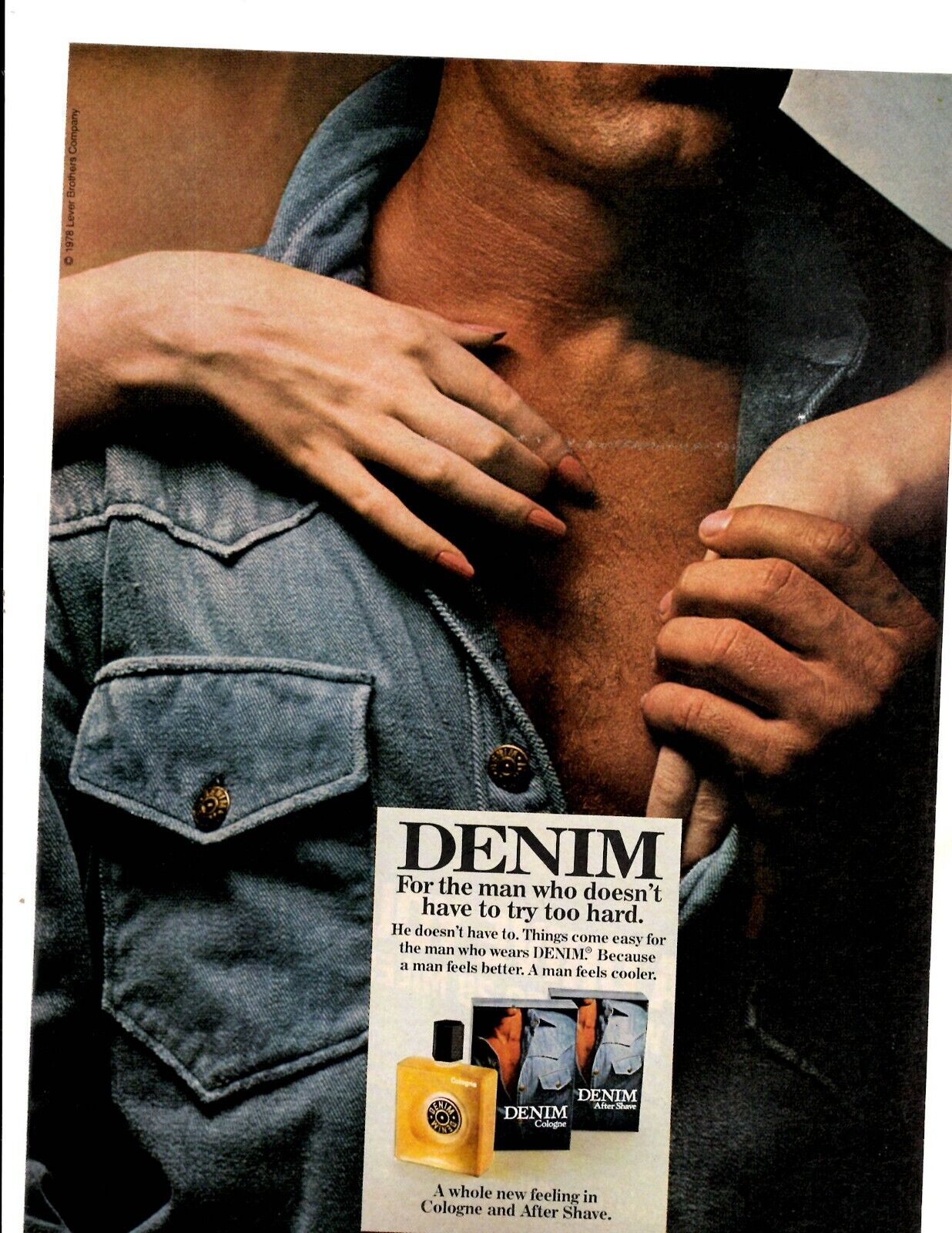 1980 Print Ad Denim Cologne & After Shave For the man who doesn\'t try too hard