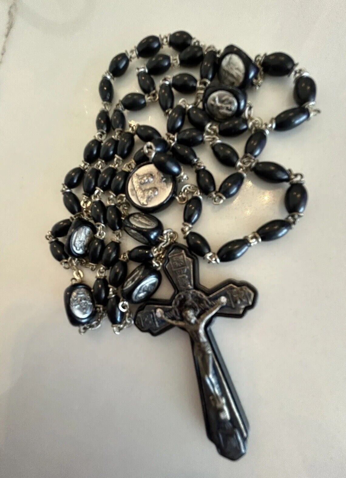 Vintage Rosary Rare 1930s Black Brevett M Italy Rosary Prayer Beads