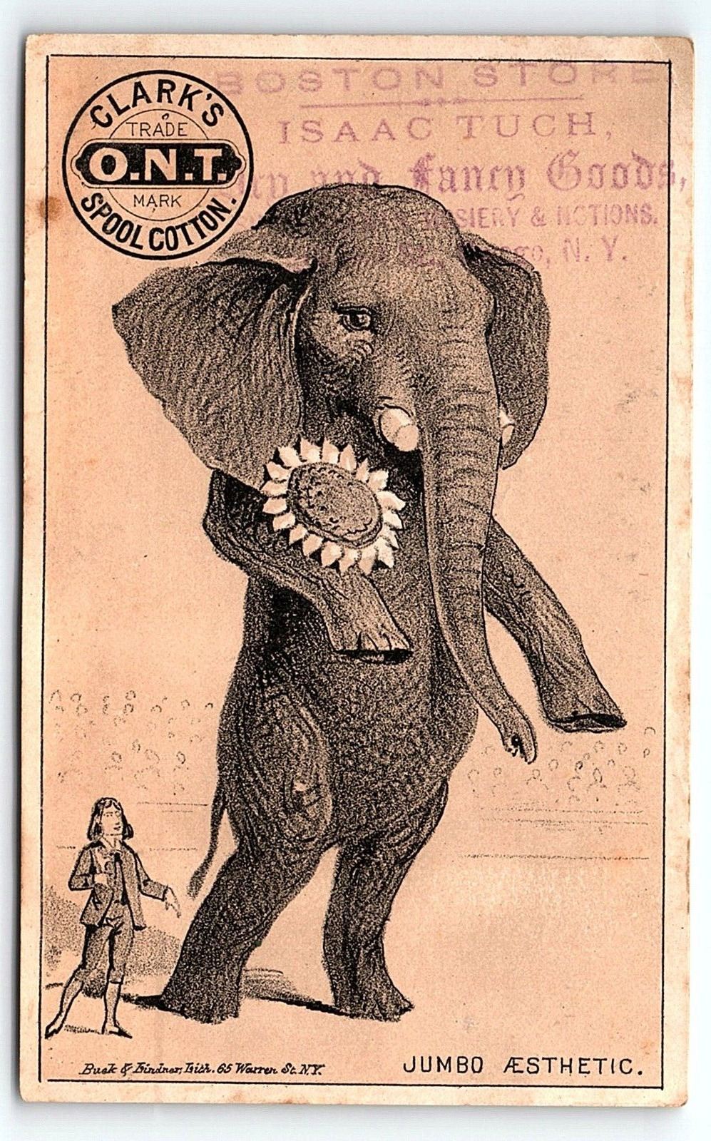 c1880 CLARK\'S O.N.T. SPOOL COTTON ANTHROPORPHIC ELEPHANT JUMBO TRADE CARD P1973