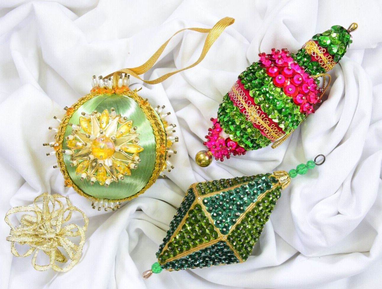Vintage, handmade Sequin, Push Pin, Satin Christmas Ornaments