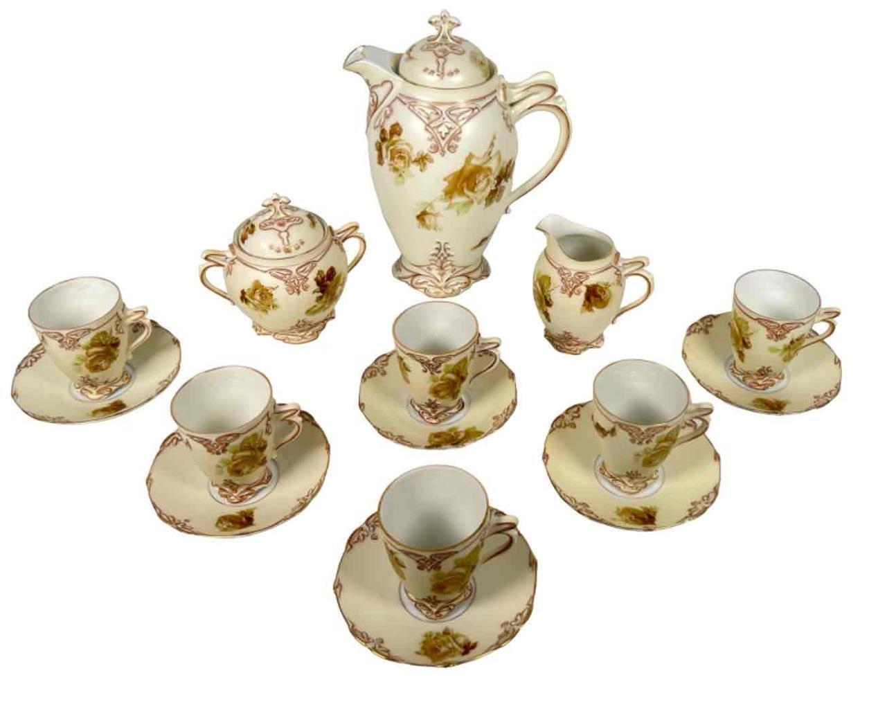 15pc Antique Ohme Silesia Old Ivory XVI Porcelain Chocolate Pot Cup Saucer Set