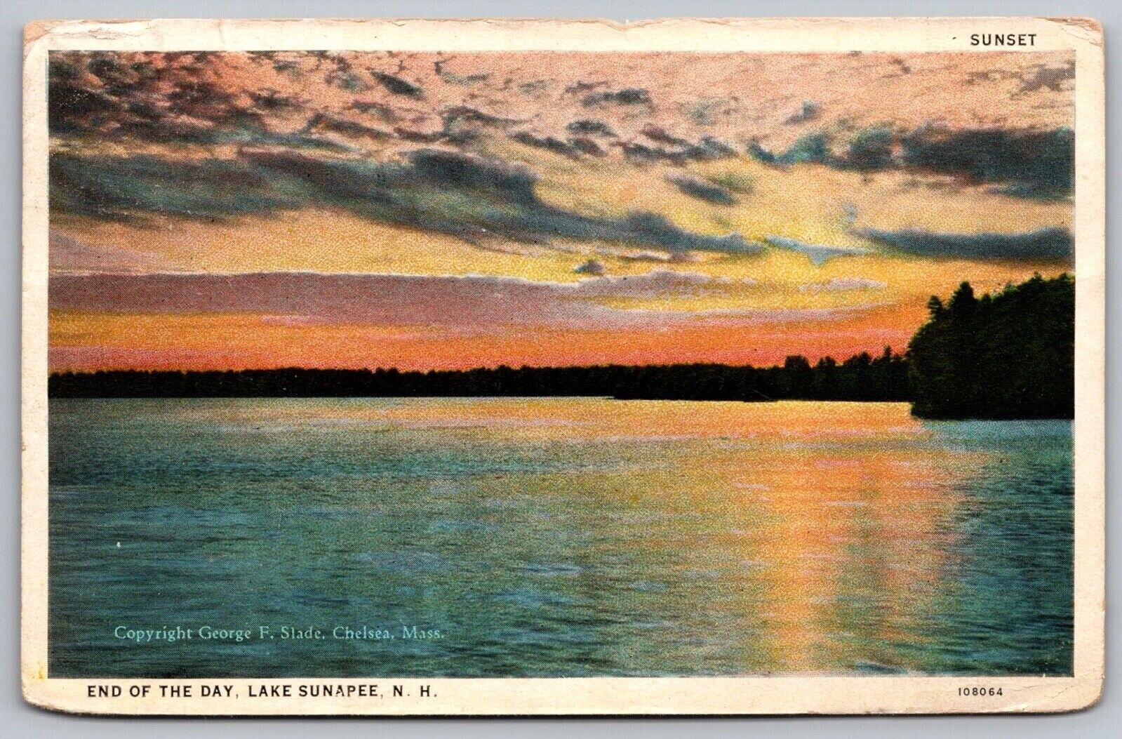 Sunset End Of Day Lake Sunapee NH New Hampshire WB Postcard PM Cancel WOB Note