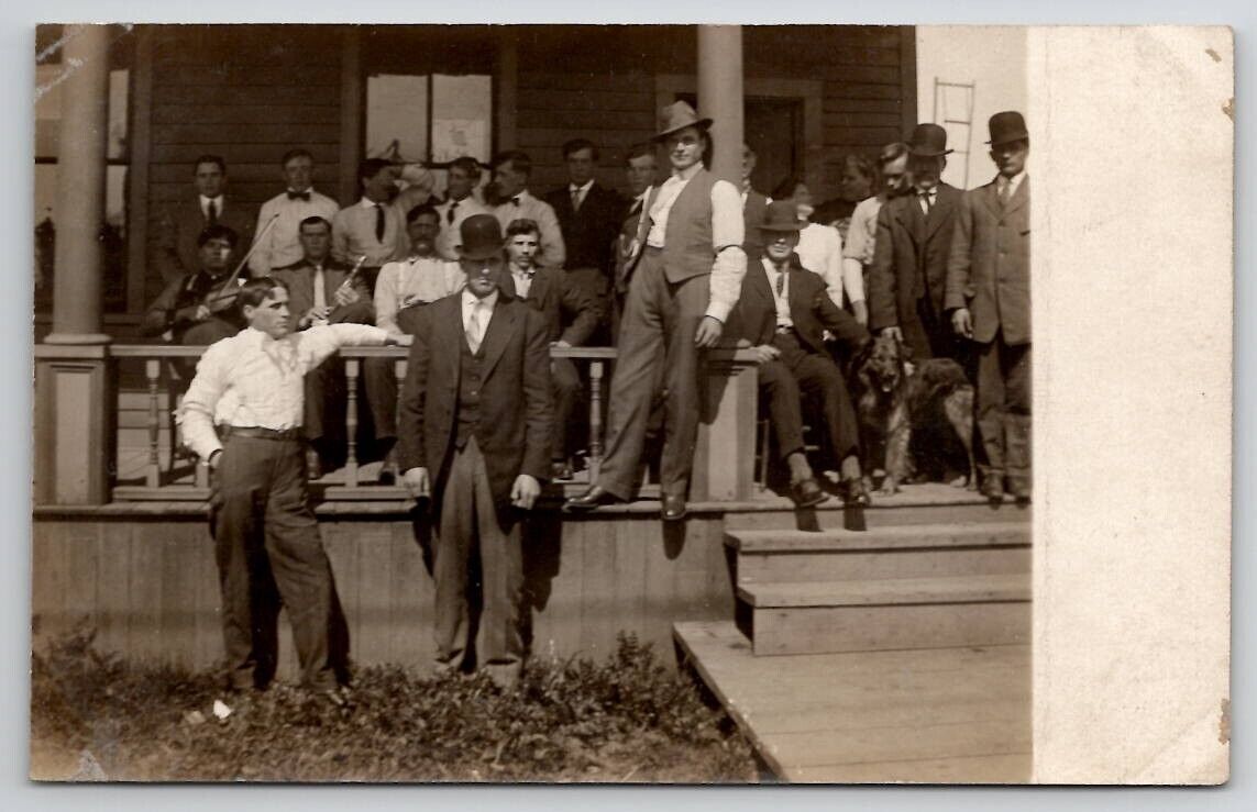 RPPC Dapper Men On Porch With Dog Band Instruments Fiddle Violin Postcard S28