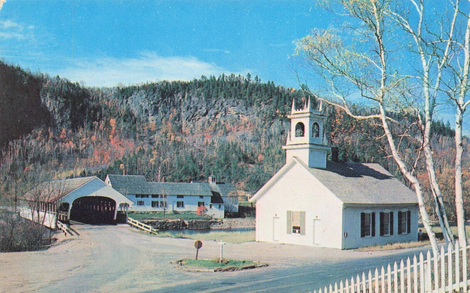 Postcard Covered Bridge, Church and Devil\'s Slide Cliff in Stark, New Hampshire