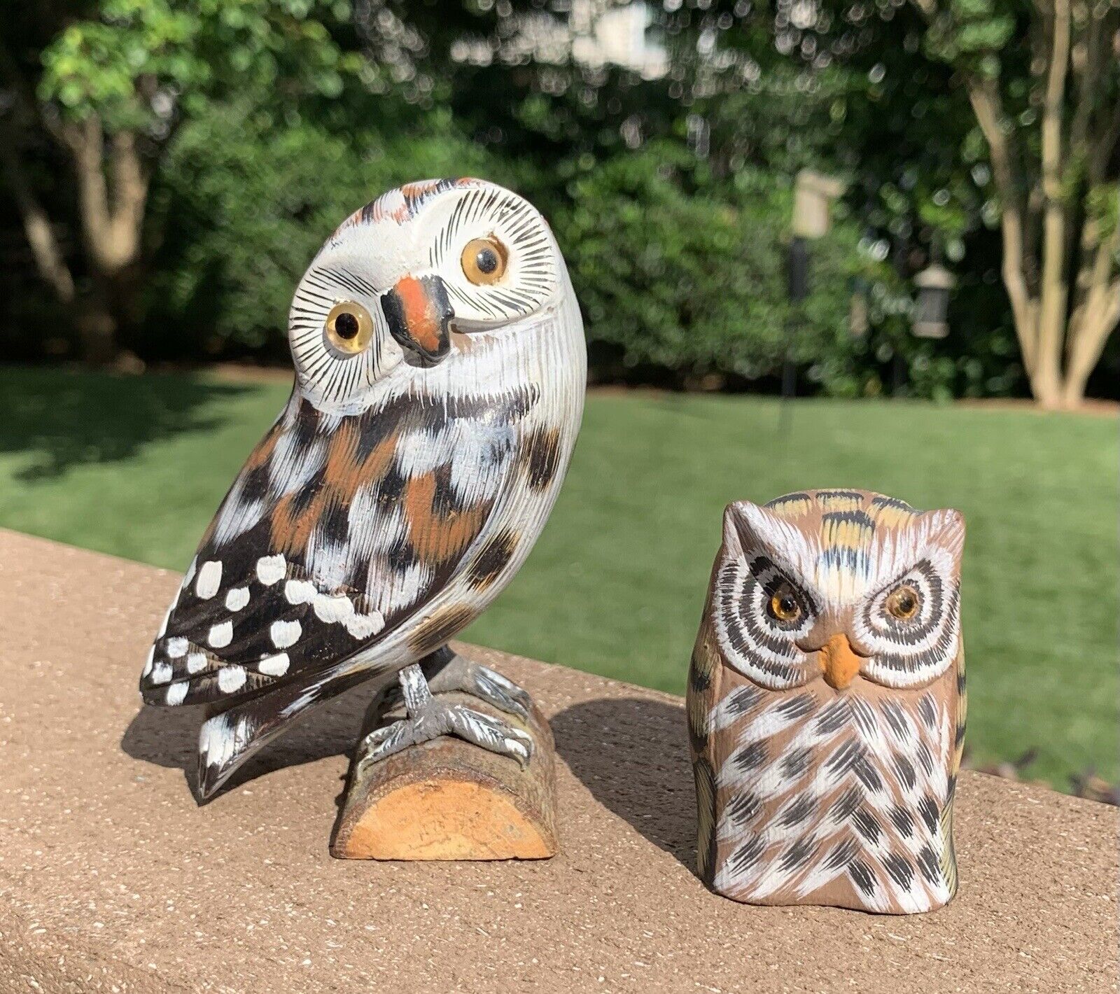 2 Vintage Hand Painted and Carved Wood OWL bird figurines 4” & 2.25\