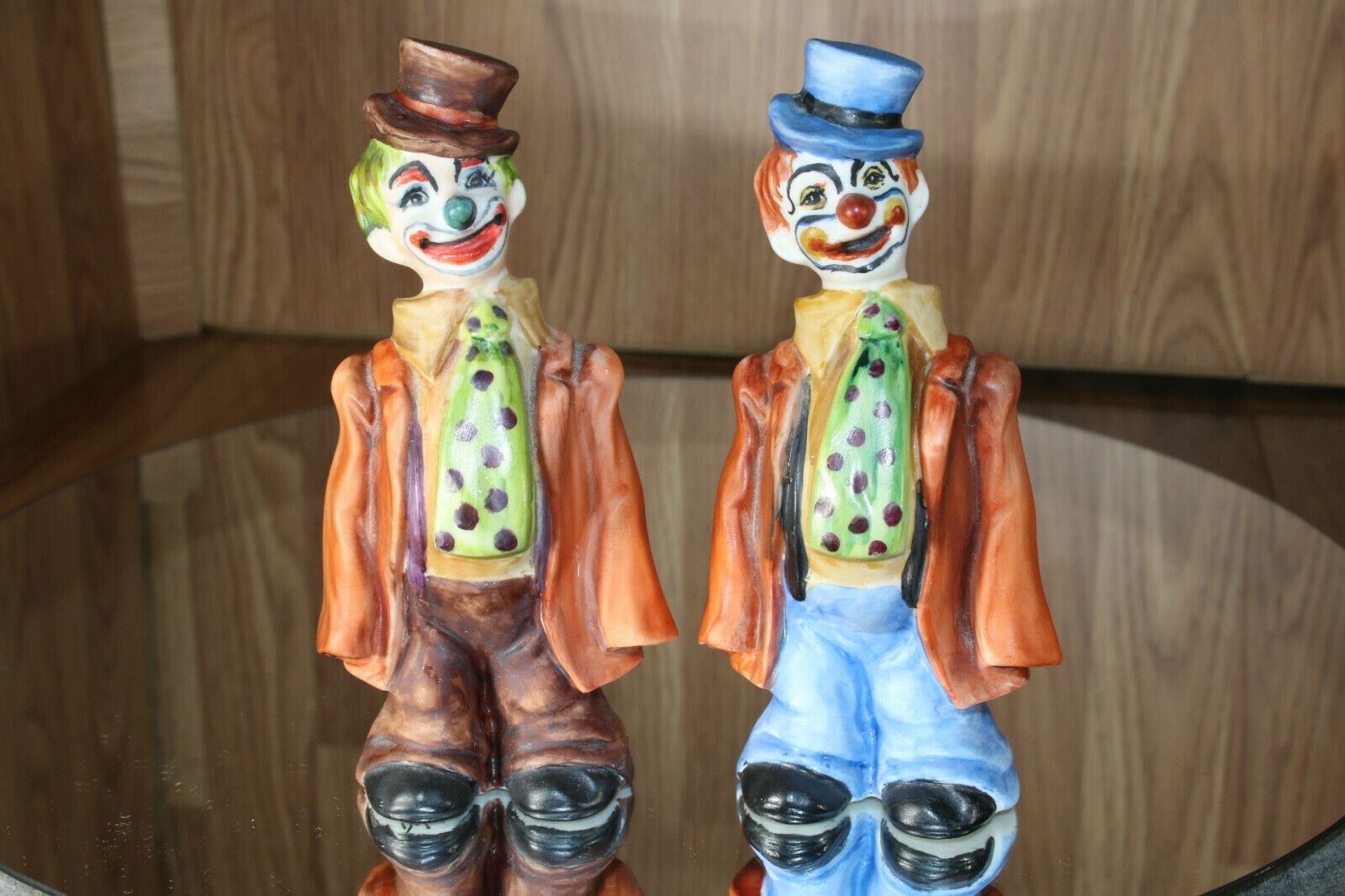 Vintage 1970s Hand Painted Ceramic Clown Figurines Set of 2 signed \