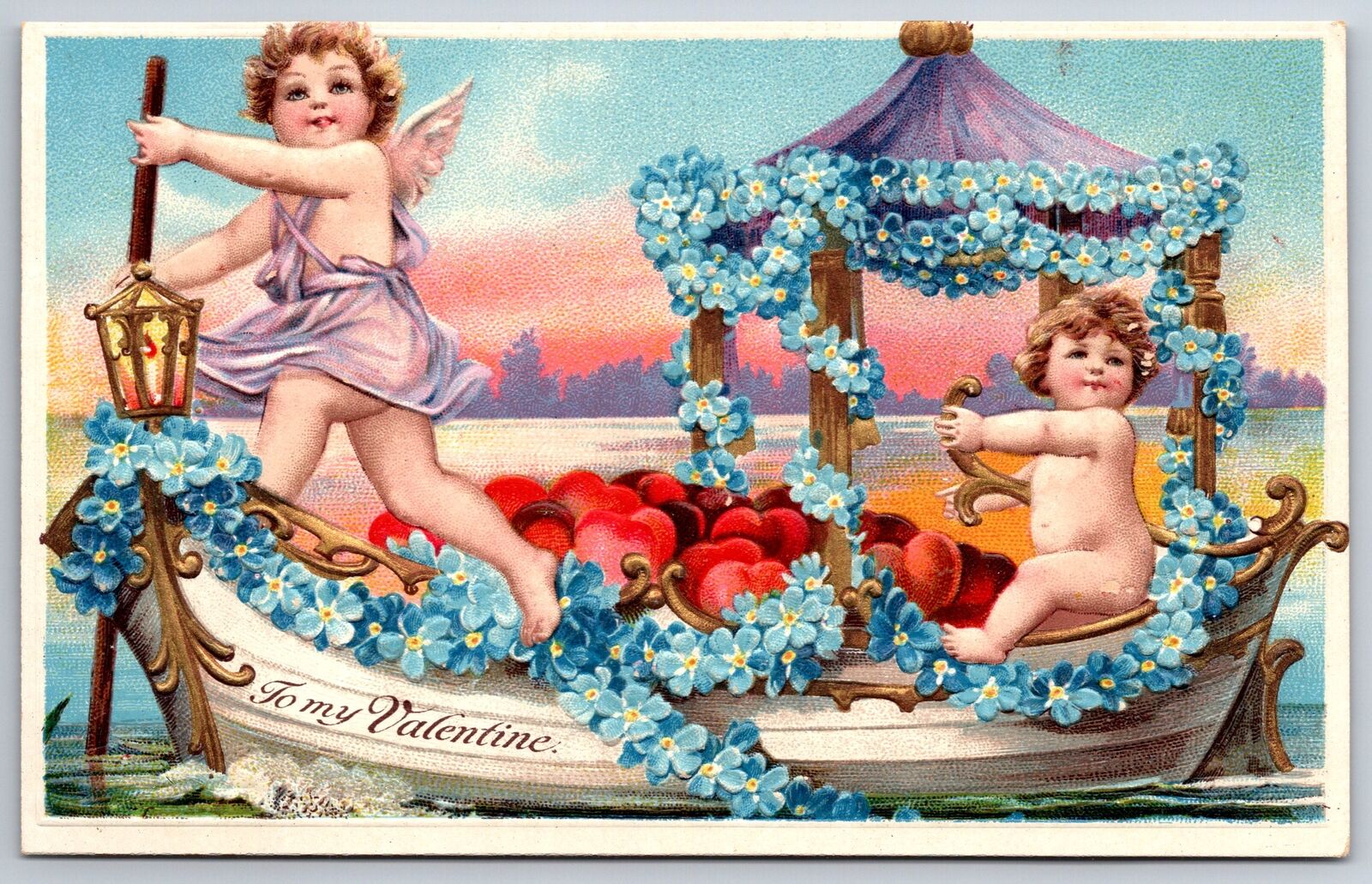 Brundage Valentine~Cupids In Gondola Full Of Hearts Look For Couples~Gold~Emboss