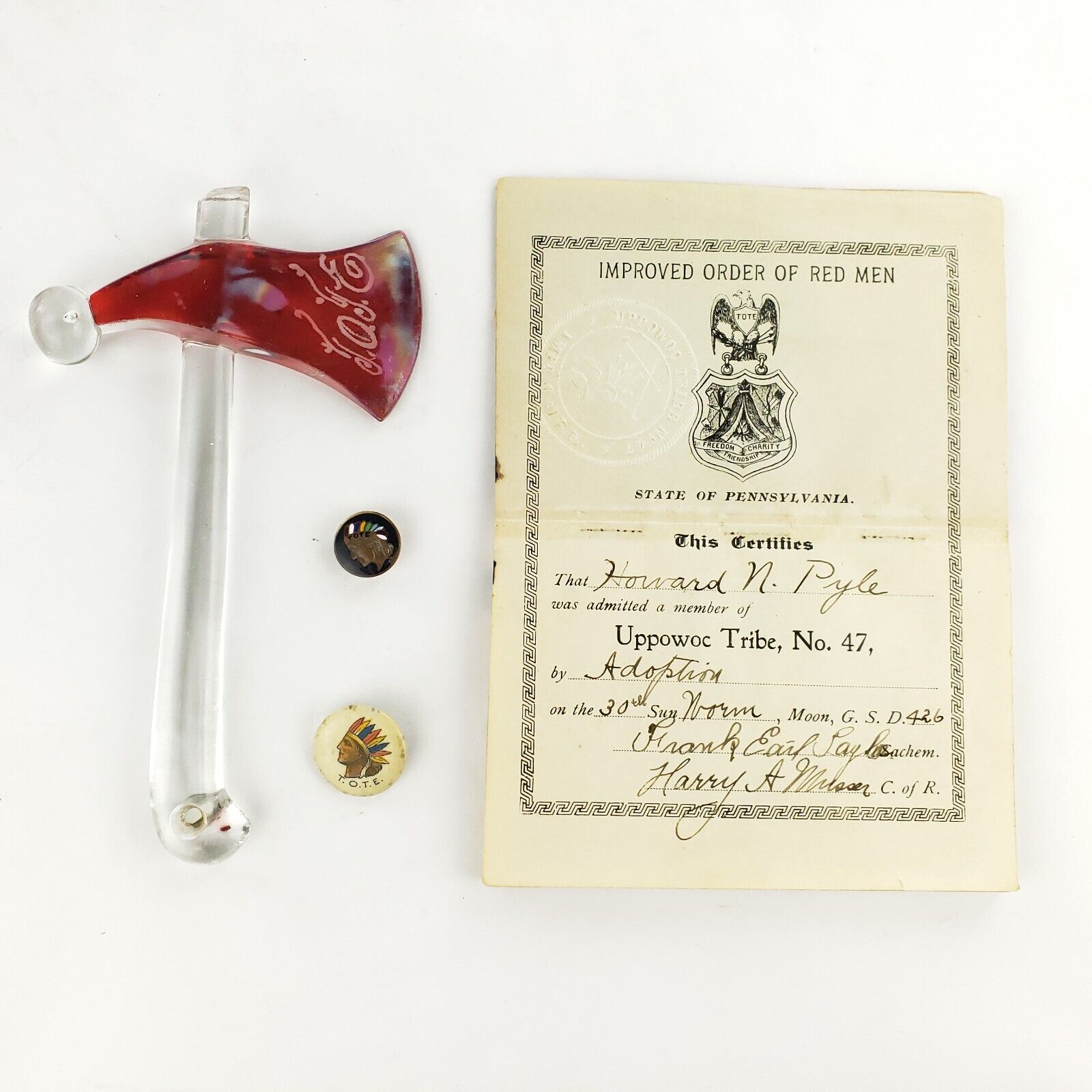 c1916 Improved Order Of Red Men Uppowoc Collection TOTE Pins, Hatchet & By-Laws