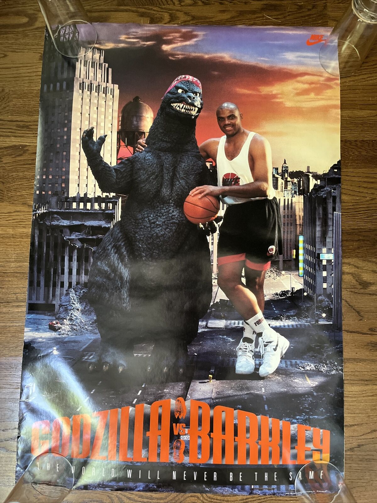 GODZILLA VS CHARLES BARKLEY Poster Suns Nike Commercial 1992 NBA 23”x35” Unused