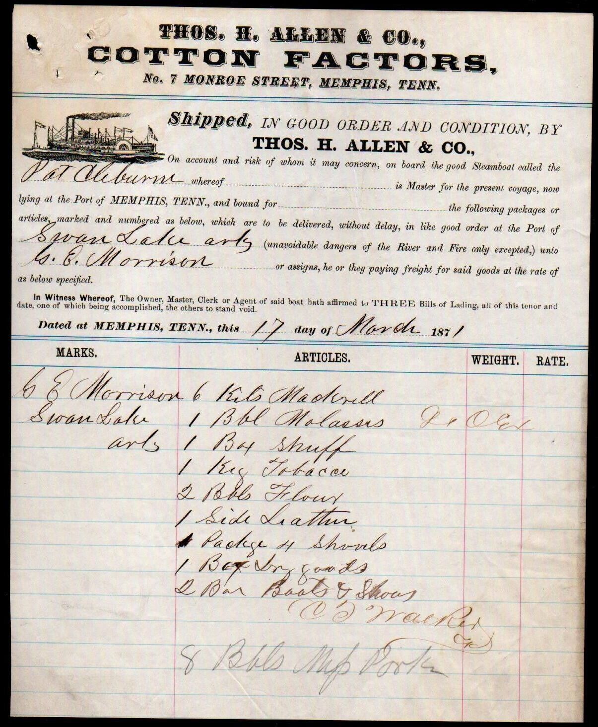 1871 Memphis Tn - Thos H Allen & Co - Cotton Factors - Rare Letter Head Bill