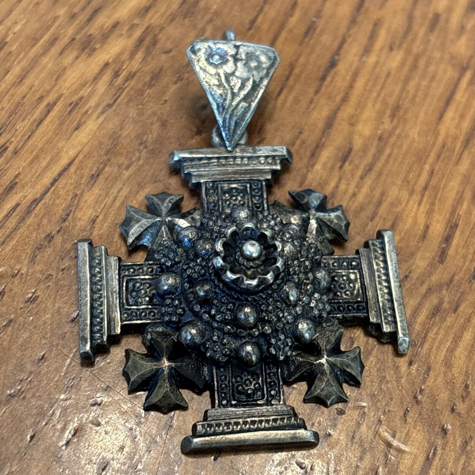 Jerusalem 900 Silver Cross Pendant Old Vintage Tiered Ornate L