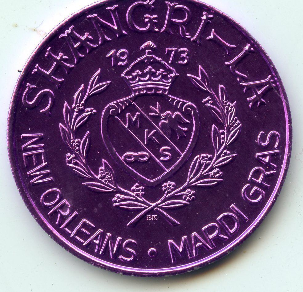 .Mardi Gras Doubloon Krewe of Shangri-La 1975 Aluminum Purple