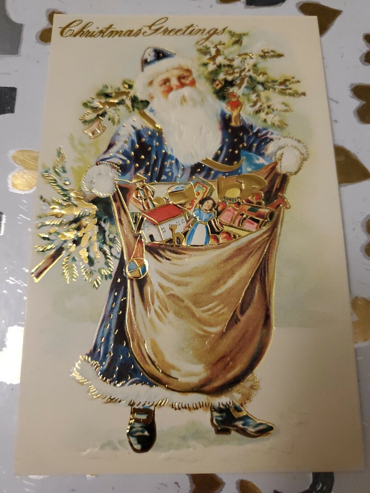 Santa Toy Sack Christmas Postcard Merrimack Publishing Atq Replica Gold Trim
