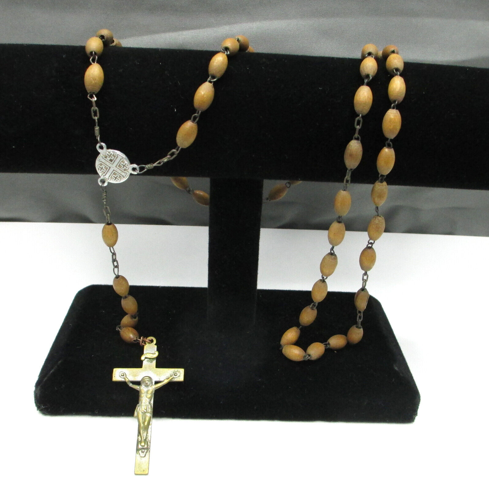 Vintage Catholic Rosary Brown Olive Wood Beads Jerusalem Terra Santa Soil Relic