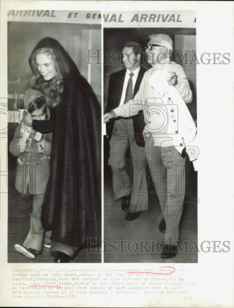 1972 Press Photo Actress Dyan Cannon an daughter and Cary Grant arrive in France