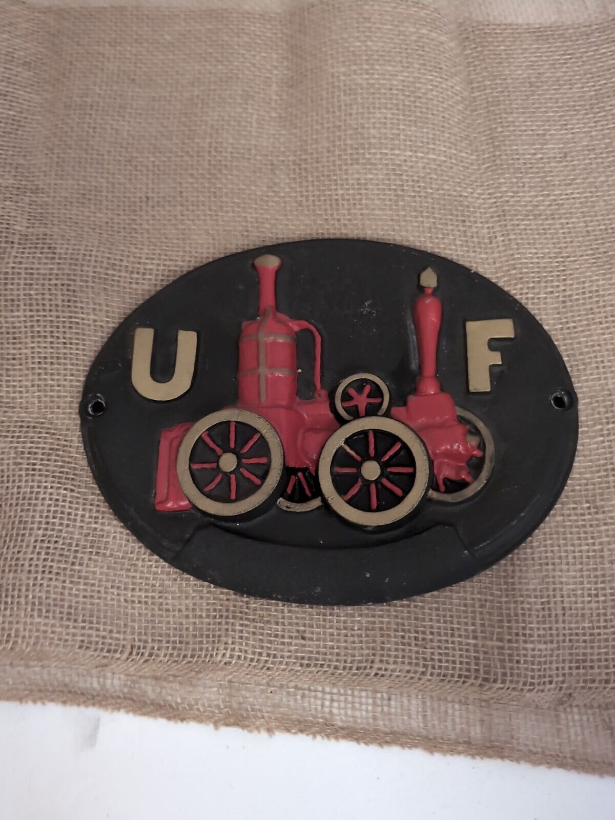 Vintage Cast Iron Sign UF United  Firefighter  Plaque 
