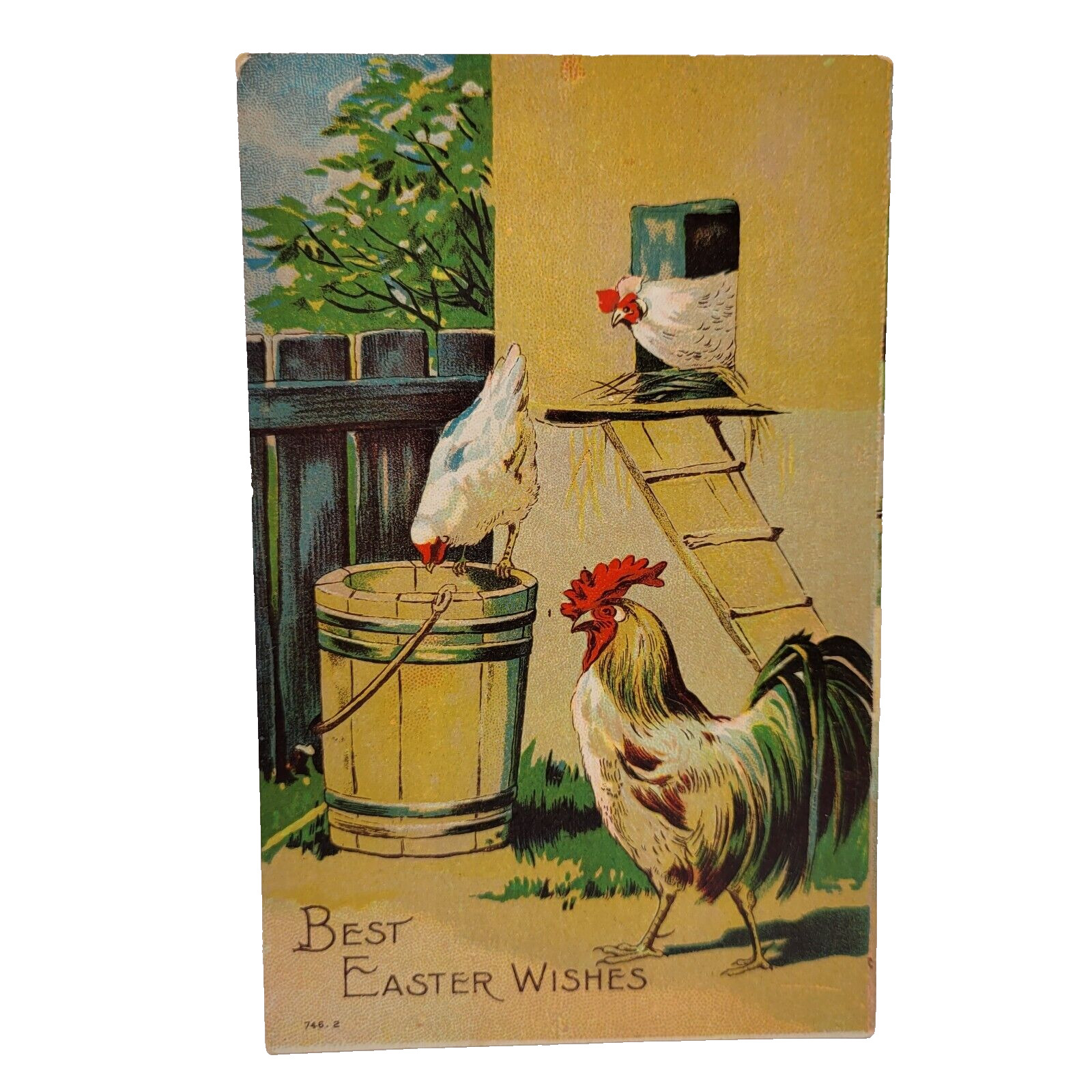 Antique Best Easter Wishes Rooster Chickens Feeding Coop 1910s Postcard Unused