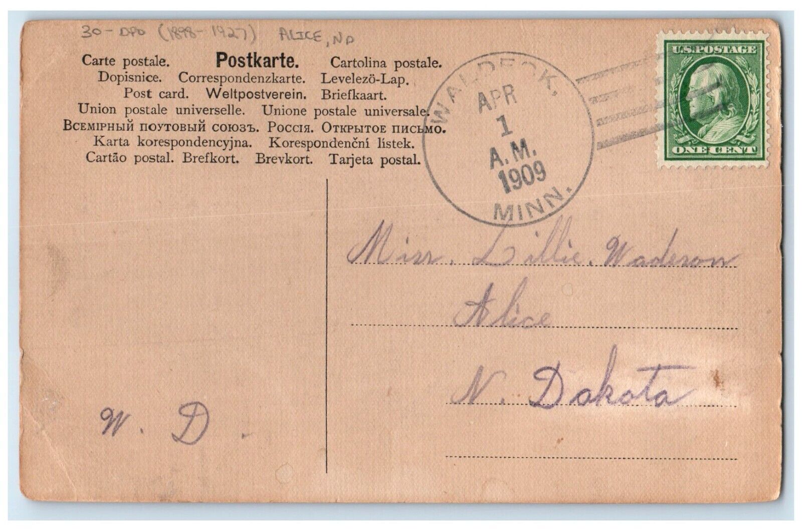 1909 Pretty Woman Curly Hair Alice North Dakota ND DPO 1898 - 1927 Postcard