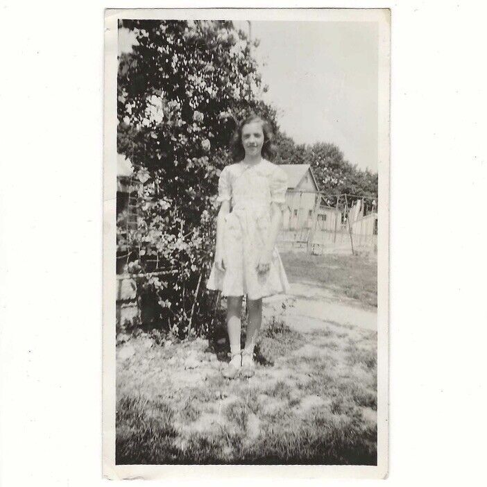 Pretty Young Woman Standing Near Flowering Bush 1940s Vintage Snapshot Photo