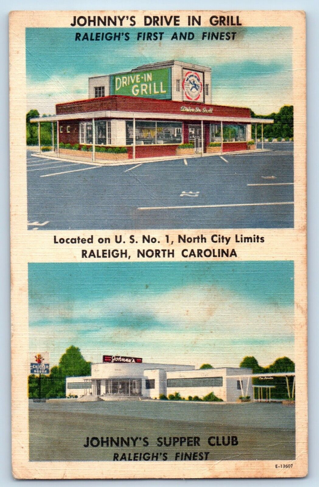 Raleigh North Carolina Postcard Johnny\'s Drive Grill Supper Club c1940 Vintage