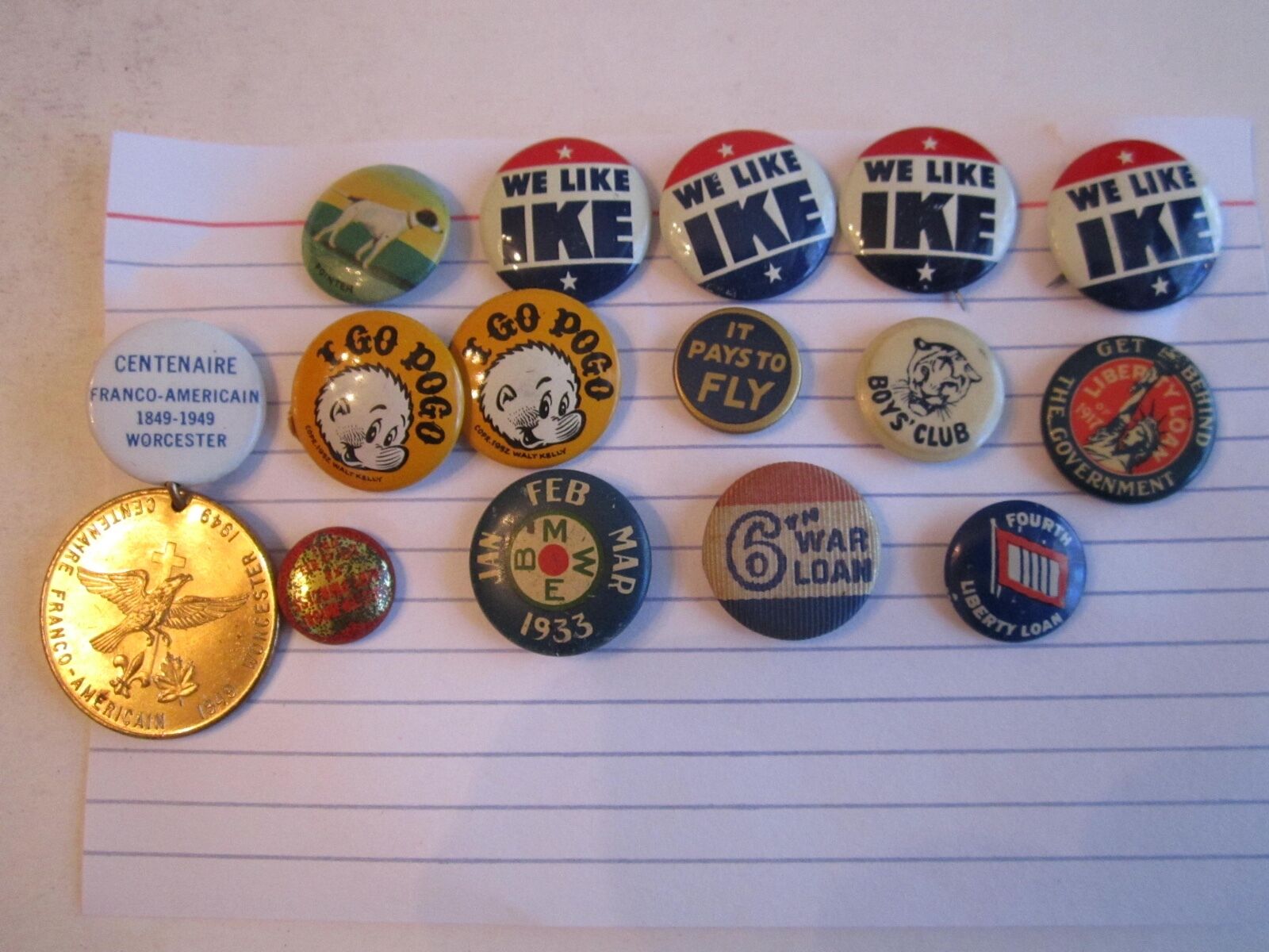 15 VINTAGE BUTTONS - IKE - WAR LOAN - BOY'S CLUB - POINTER DOG - & MORE - OFC-2