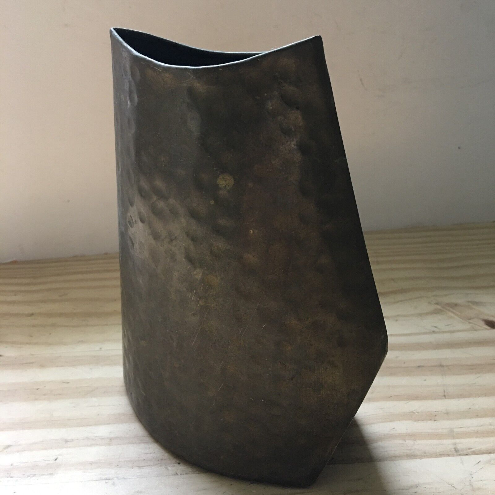 Vintage 1970s Hammered Solid Brass Special Shape Cool Flat Vase 6.5\