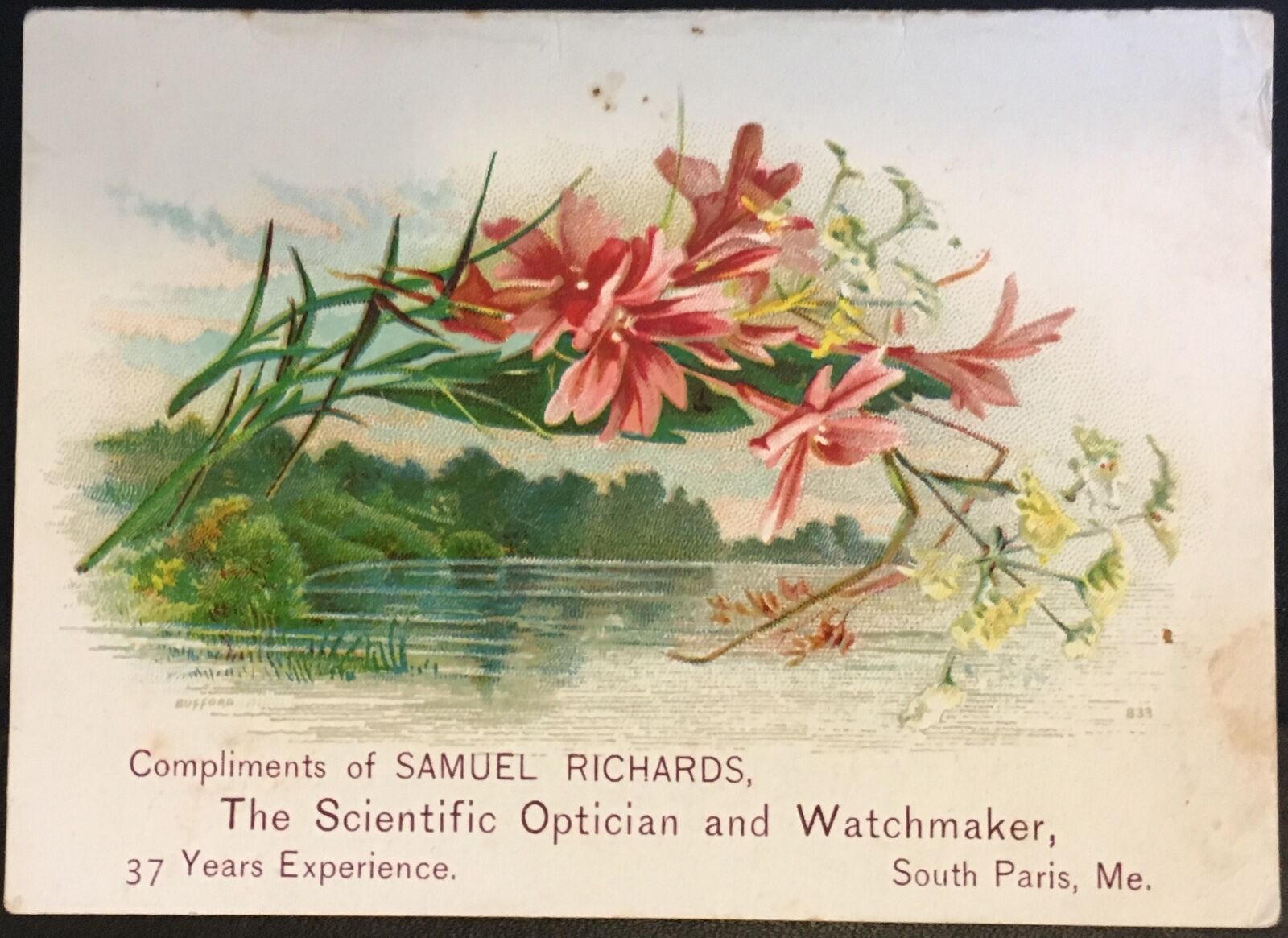 Trade Card ~ Samuel Richards Optician & Watchmaker South Paris ME ~ Astigmatism 