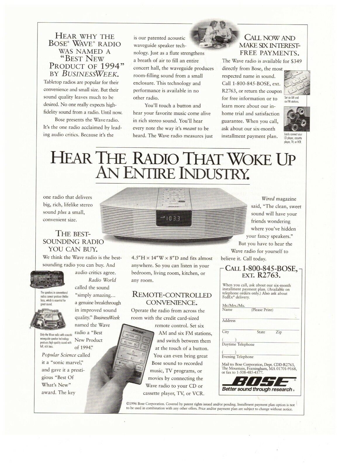 1997 Bose Wave Radio Woke Up Industry Vintage Print Advertisement