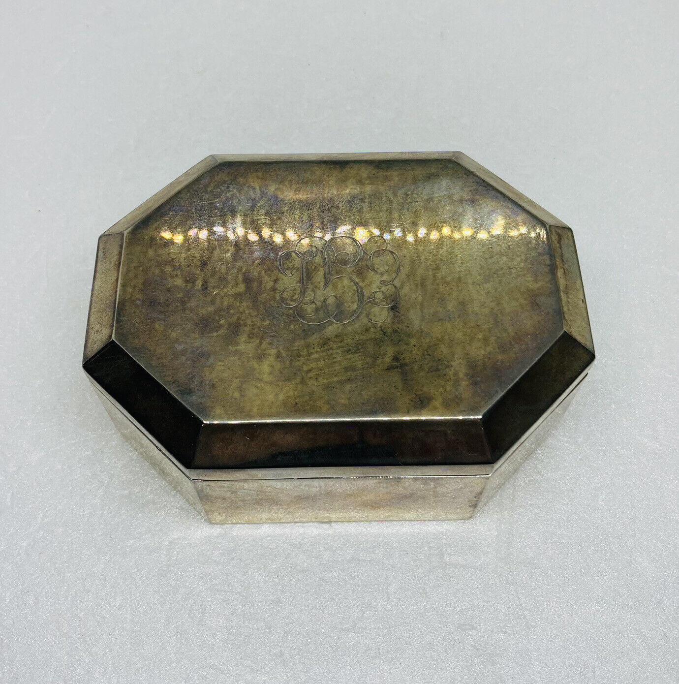 Vintage 1970s Silver Plated Jewelry Trinket Box Engraved “EGL” Art Decor X