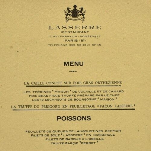 Vintage 1967 Lasserre Restaurant Menu Franklin Delano Roosevelt Paris France