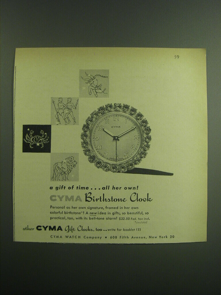 1949 Cyma Birthstone Clock Ad - A gift of time.. all her own