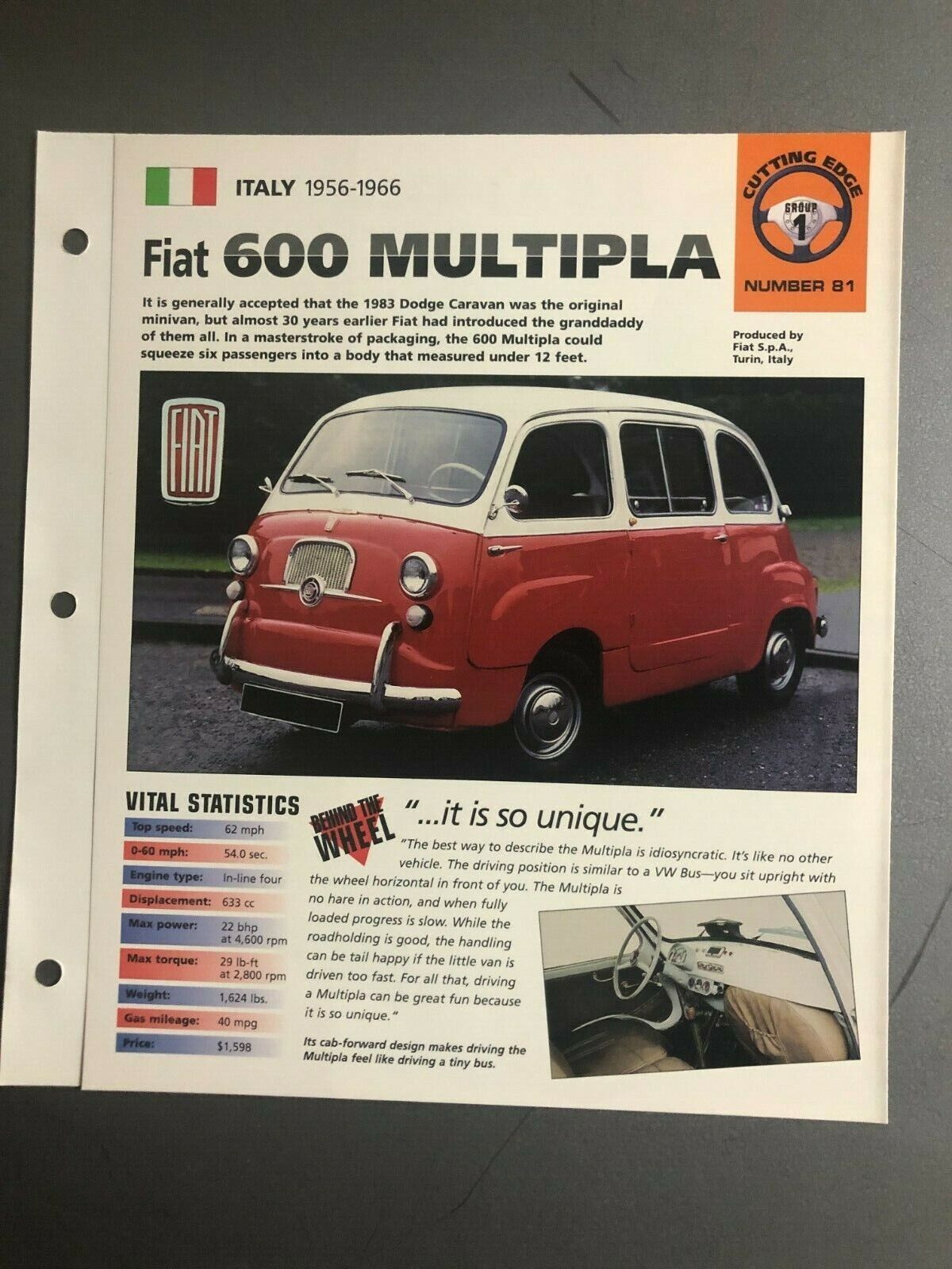 1956 - 1966 Fiat Multipla IMP Hot Cars Spec Sheet Folder Brochure Awesome L@@K