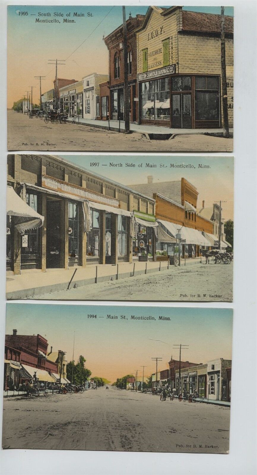 3 1910 era Monticello Minnesota Street scene Postcards Fantastic Coloring