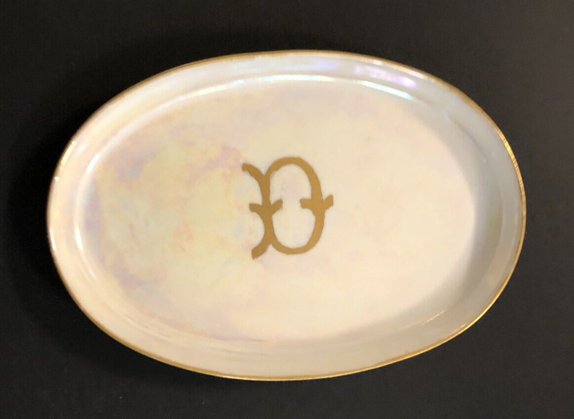 Antique MZ Austria Iridescent Monogrammed Porcelain w/ Gold Trinket Vanity Dish