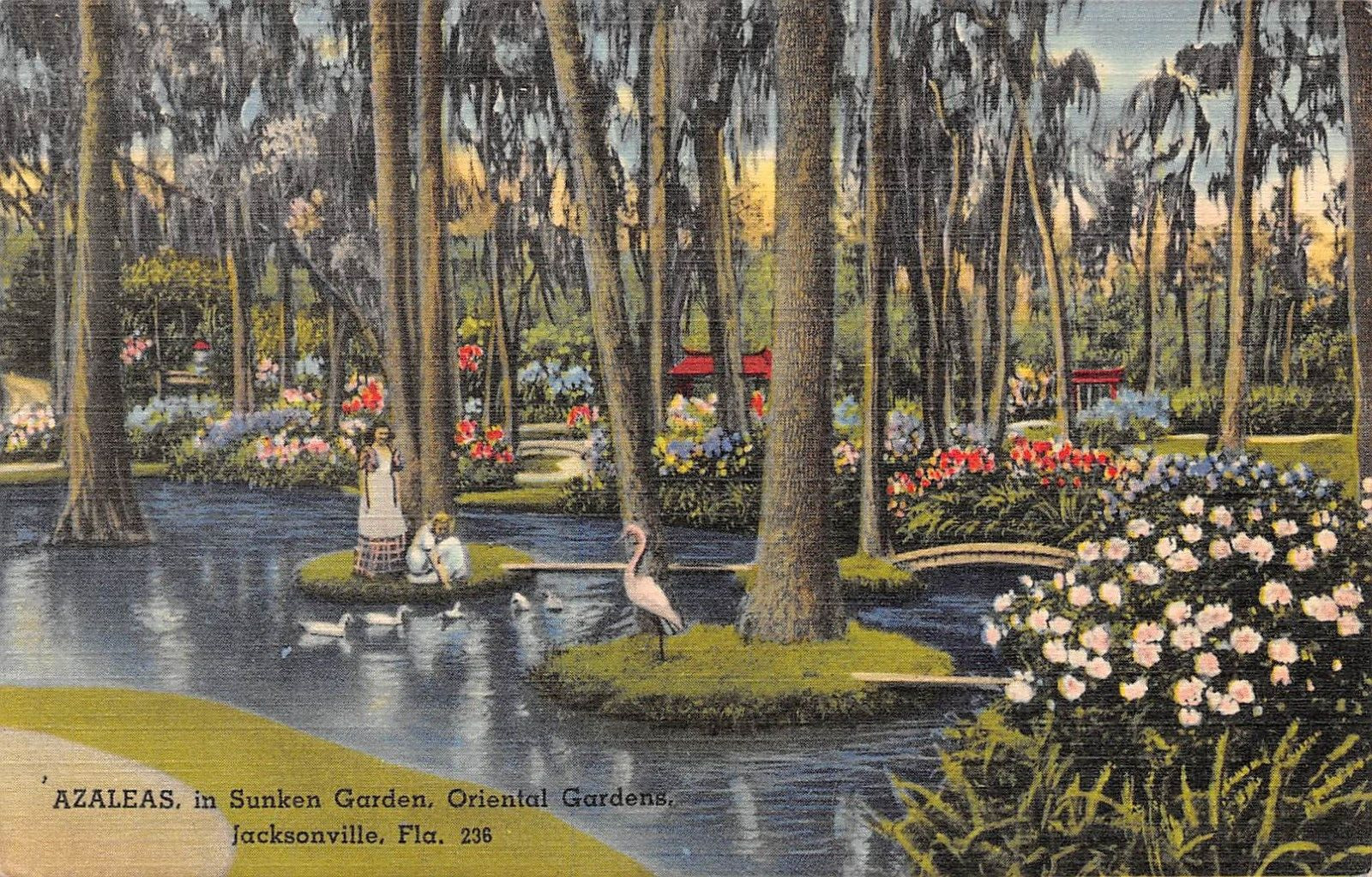 D2045 Azaleas in Sunken Garden Oriental Gardens Jacksonville FL Linen PC Tichnor