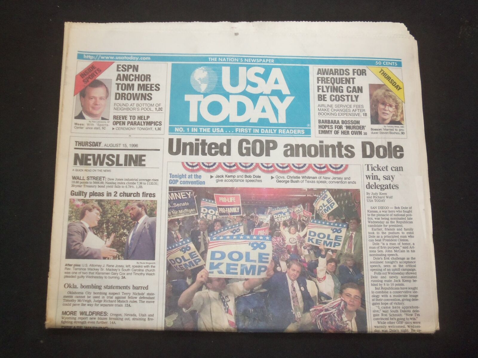 1996 AUGUST 15 USA TODAY NEWSPAPER - UNITED GOP ANOINTS DOLE - NP 7827