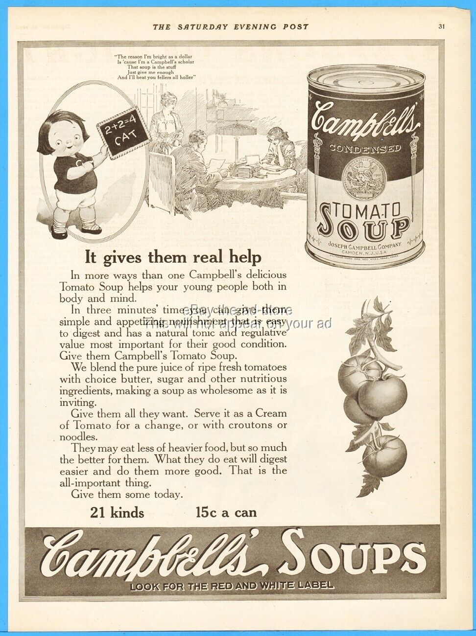 1920 Campbell\'s Tomato Soup Camden NJ Antique 1920s Kitchen Decor School Work Ad
