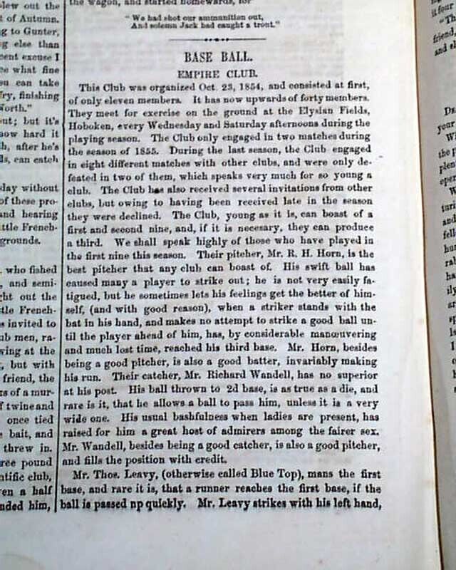 Rare & Very Early Pre Civil War BASEBALL Hoboken New Jersey 1857 NYC Newspaper