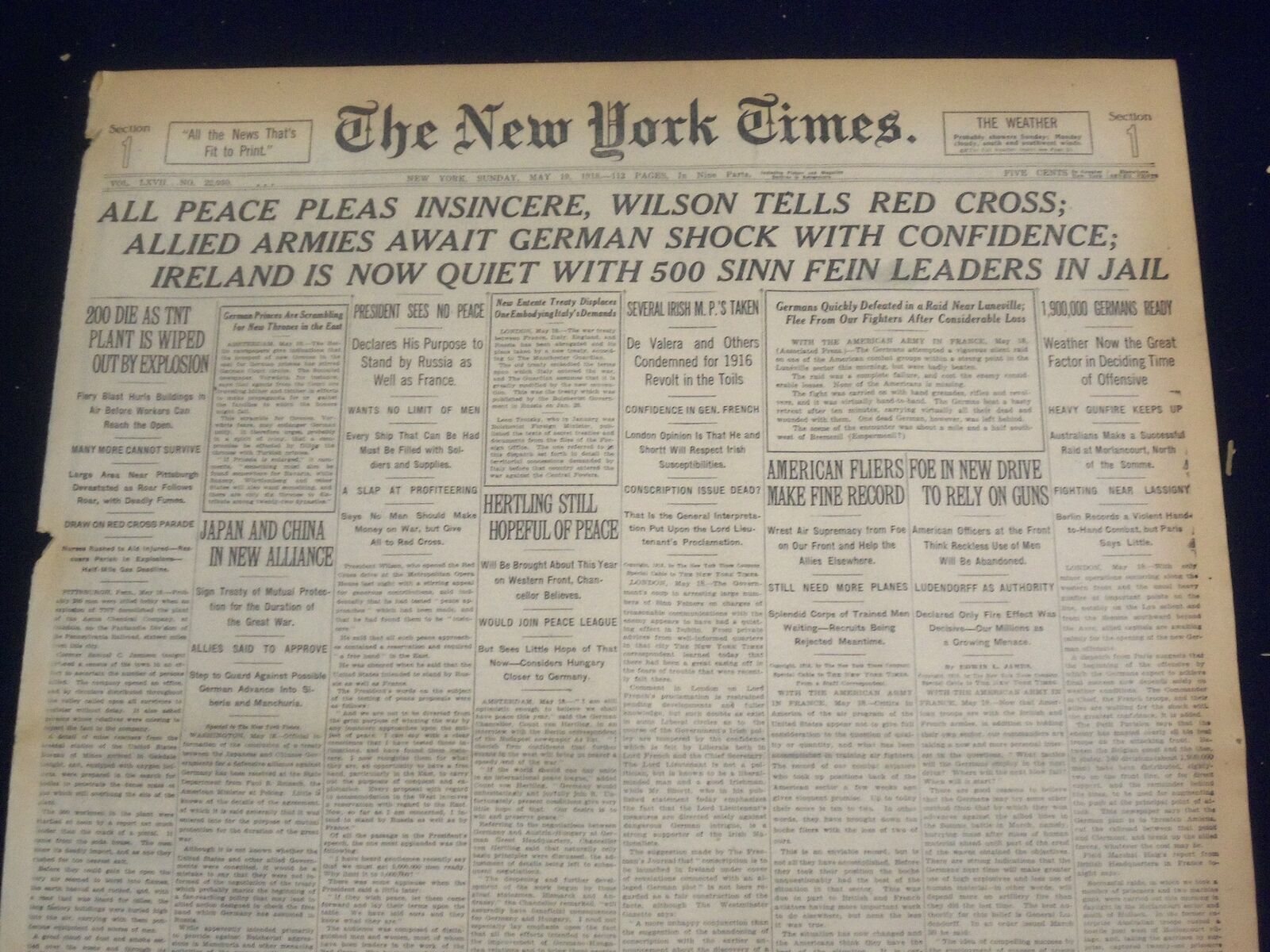 1918 MAY 19 NEW YORK TIMES-PEACE PLANS INSINCERE, WILSON TELLS RED CROSS-NT 8195